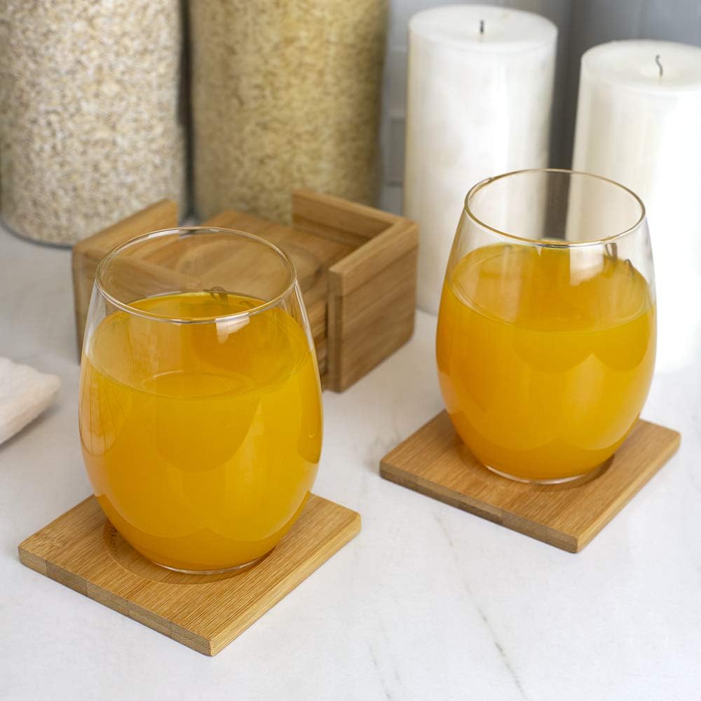 Home Basics Set of 6 Natural Bamboo Square Coaster with Holder, Perfect Table Coaster for Hot & Cold Drinks, Protect Home Kitchen Table, Office Desk – Spill Proof, Stackable & Furniture Protection