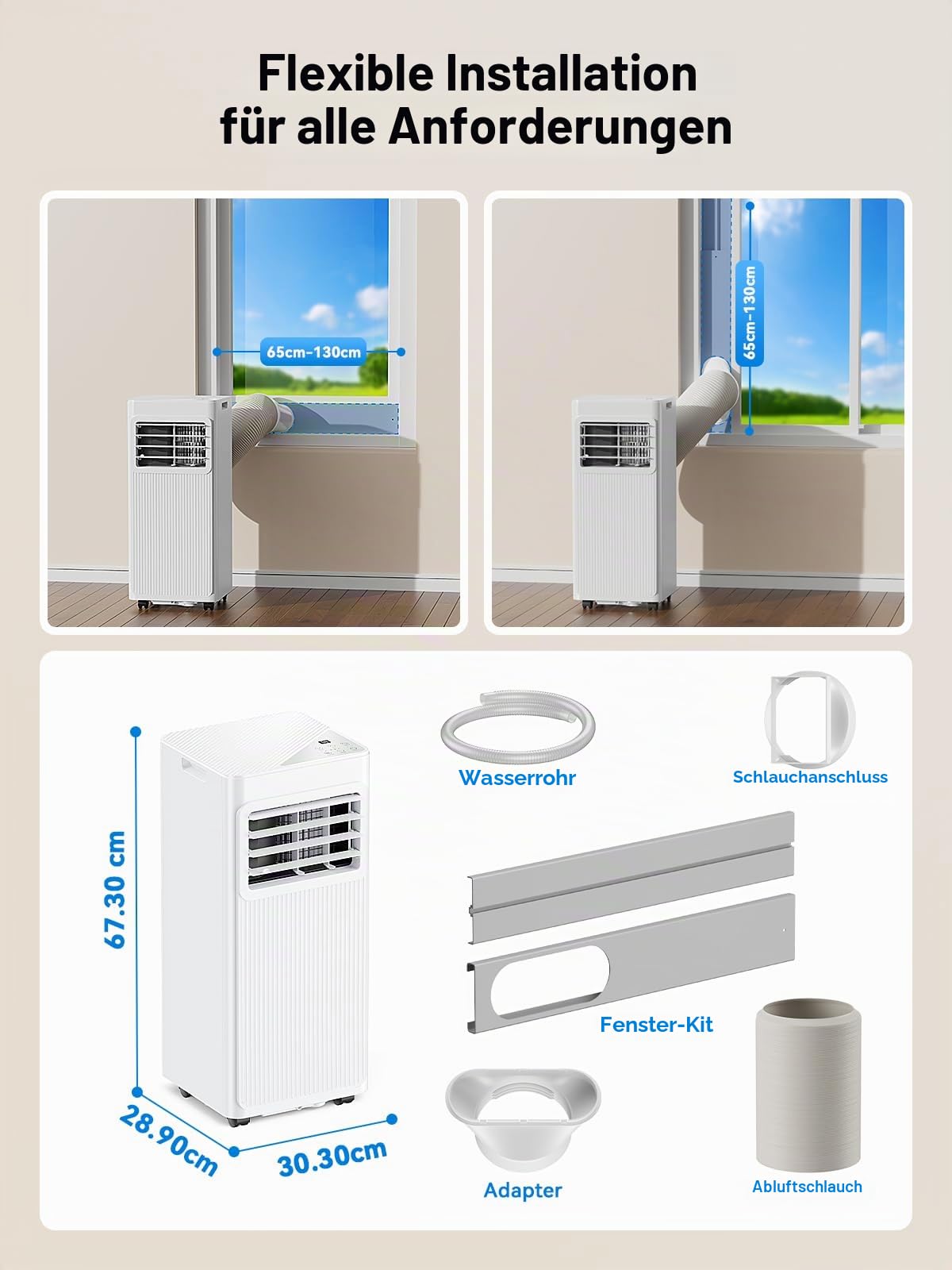 7000 BTU Mobile Klimaanlage 4-in-1, Ventilator und Luftentfeuchter, 19 l, leise mit 24-Stunden-Timer – Abluft- und Dichtungsset für Fenster – bis zu 25 m²(weiß)