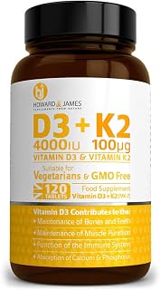 HOWARD & JAMES Vitamin D3 4000iu Plus Vitamin K2 100ug 120 High Strength Vegetarian Tablets