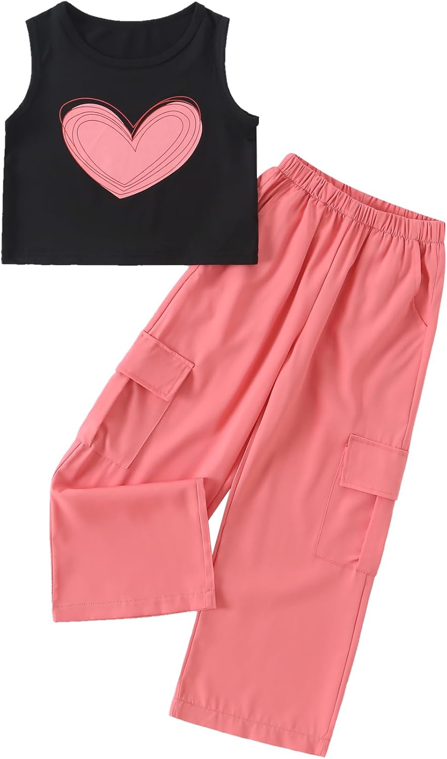 Girls 4 Piece Outfits Sleeveless Heart Print Crop Tank Top Elastic Waist Cargo Pants with Pockets Casual Set 3-14Y 7-8 Years Multicolor image 5 of 5 B0GDCWWFX6