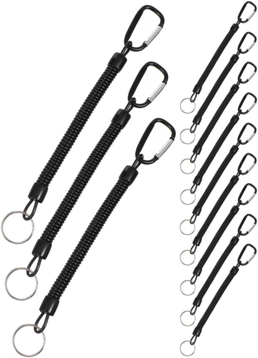 Lanyard Rope Fishing 12pcs Retractable Spring Coiled Tether | Black Pu Build, Portable Elastic Design, Quick Connection for Outdoor Boating Use, Includes Carabiner Clips