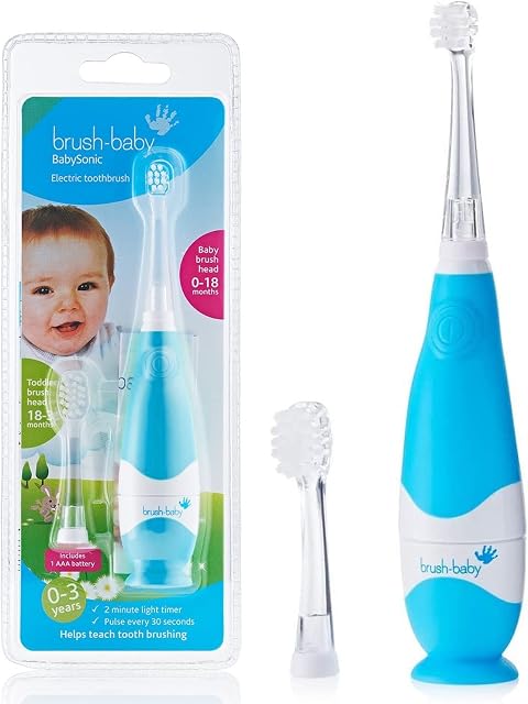 Brush Baby BabySonic Infant and Toddler Electric Toothbrush for Ages 0-3 Years - Smart LED Timer and Gentle Vibration Provide a Fun Brushing Experience (Blue)