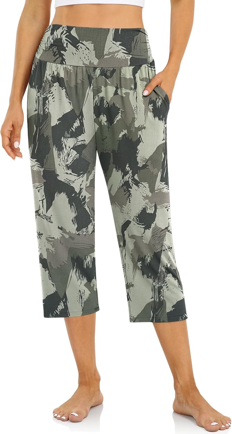 UEU Women's High Capri Casual Summer Loose Fit Yoga Pants Lounge Capris Sweatpants Pockets Camo