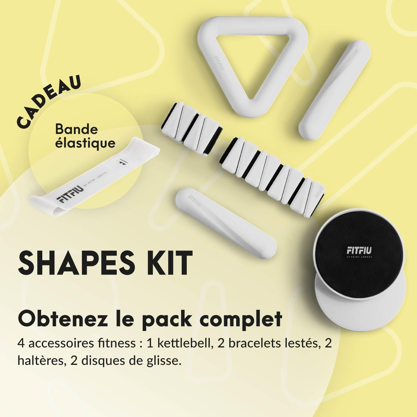 FITFIU Fitness SHAPES KIT - Pack de 4 accessoires sportifs 1 kettlebell 2 dragonnes 2 haltères 2 disques coulissants 1 élastique en acier en silicone blanc SHAPES COLLECTION