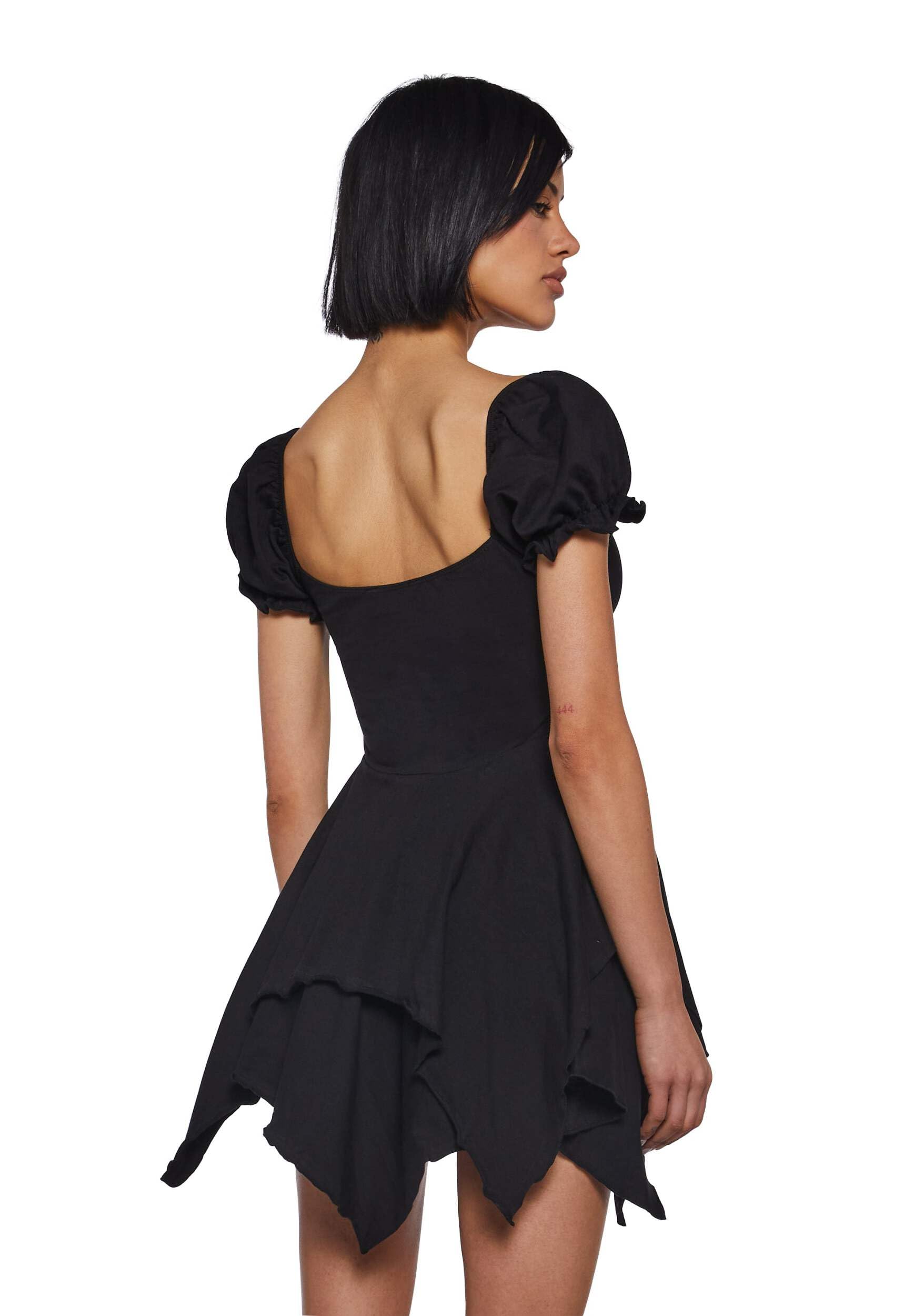 Dolls Kill Chasin' Rainbows Mini Dress by Current Mood – Stretch Jersey Dress, Asymmetrical Handkerchief Hem for Boho Fashion: Medium Black
