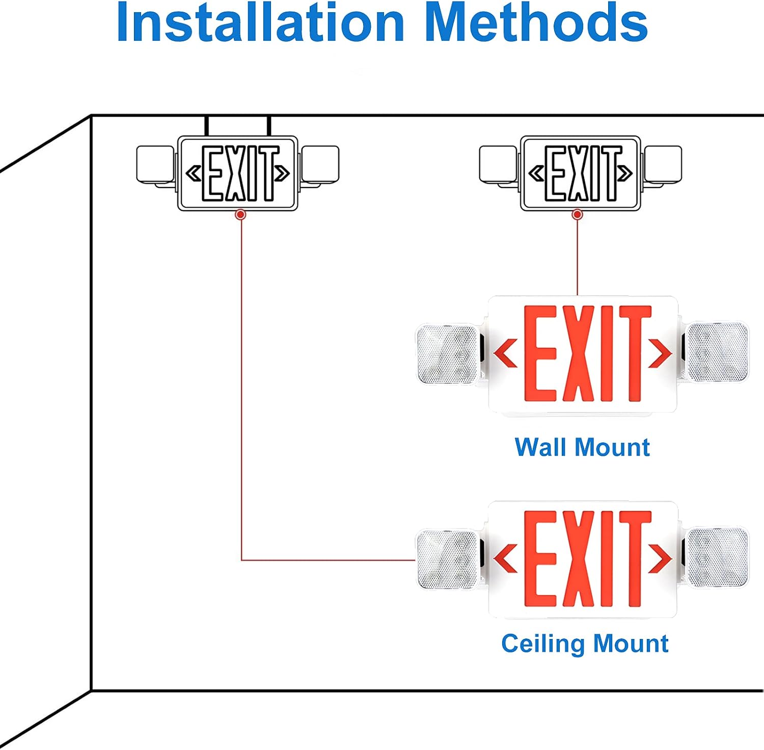 OSTEK LED Exit Sign with Emergency Light, Double-Sided Red Exit Sign Combo with 2 Adjustable Flood Light Heads, 90-Min Backup Battery, Fire Resistant, 120-277V for Business(1pack)
