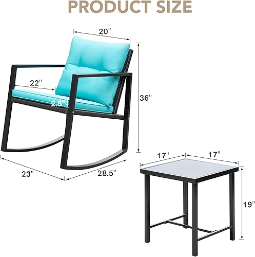 Vista 8 de Devoko, Rocking Bistro - Juego o set de 3 piezas de mimbre para patio y exteriores, muebles para porche, sillas para conversar con mesa auxiliar