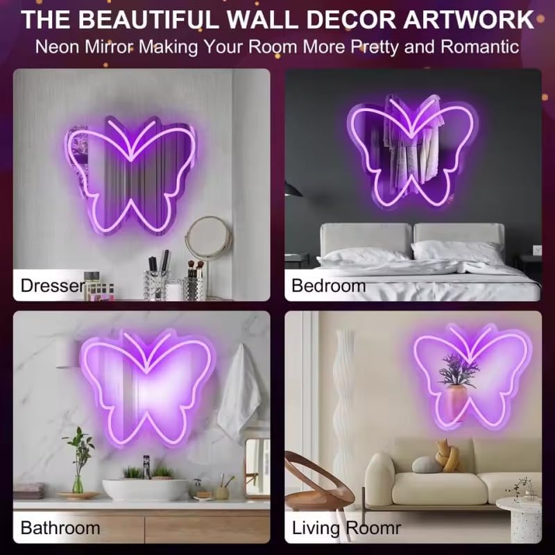 Butterfly Mirror Neon Sign Led Butterfly Lights Dimmable USB Pink Wall Mirror Neon Light for Living Room Bathroom Bedroom,Christmas Birthdays Gifts for Girls Women