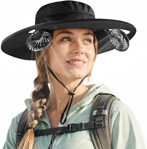 Yiqrgad 2-in-1 Sun Hat with Detachable Neck Fan, UPF 50+ Wide Brim, 3-Speed Adju