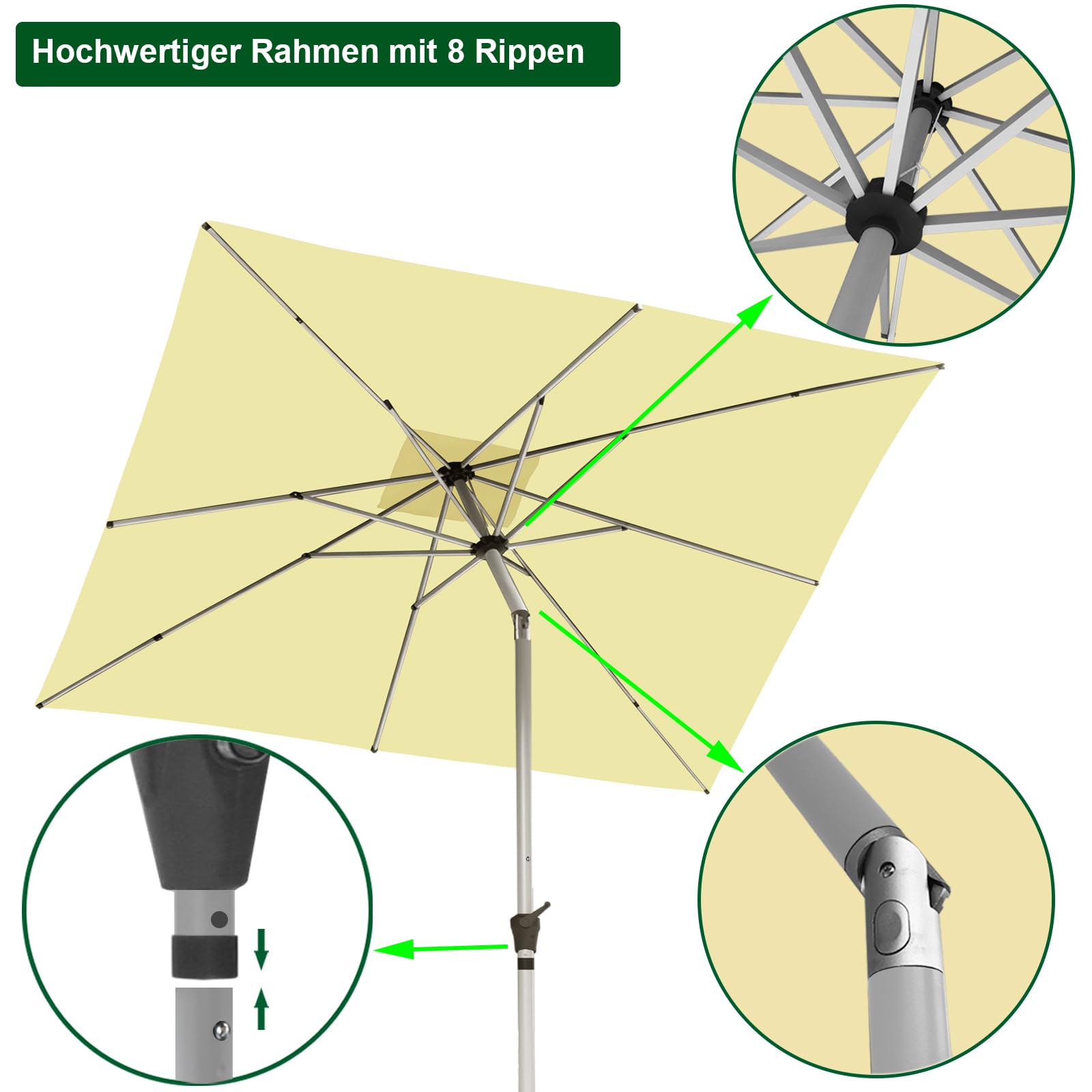 RANSENERS Sonnenschirm 250 x 250 cm, Quadratisch, 8 Streben, Beidseitig um 30° Knickbar, Kurbel öffnen & Schließen, UV50+, für Garten, Balkon, Terrasse, Cafe im Freien