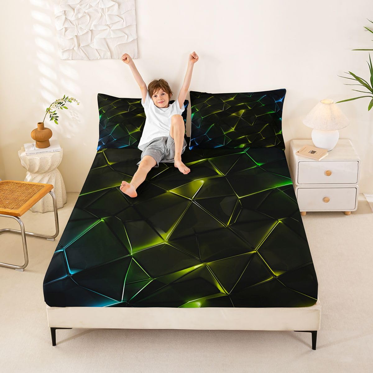 Homewish Geometryczne Crack Prześcieradła King Ombre Rock Wzór Żółte Dopasowane Prześcieradło Gradient Abstrakcyjne Linie Zestaw Pościeli, Nowoczesna Linia Świecąca Narzuta Na Łóżko 3 Szt