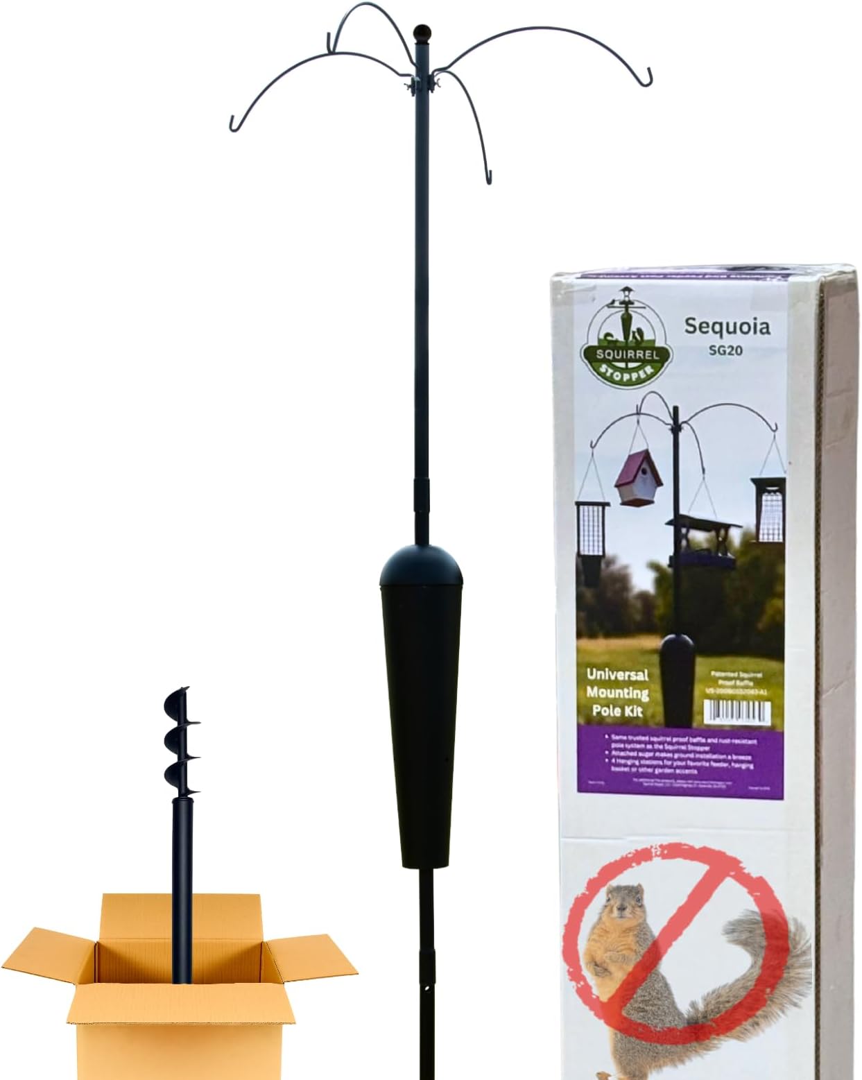 Sequoia Squirrel-Proof Universal Mounting Pole Kit, 4 Hanging Stations, Universal Baffle, Bird Feeders for Outdoors, Bird Perch, Sturdy Steel Construction