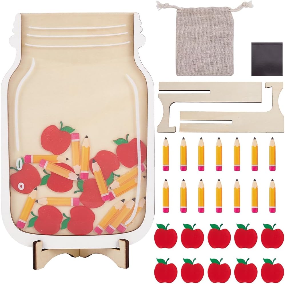 GORGECRAFT Reward Jar Apples and Pencils Teacher Jar Award Wood Behavior Potty Training Bulletin Board Incentive Personalized Management Tool Chart for School Classroom Board Home Women Men