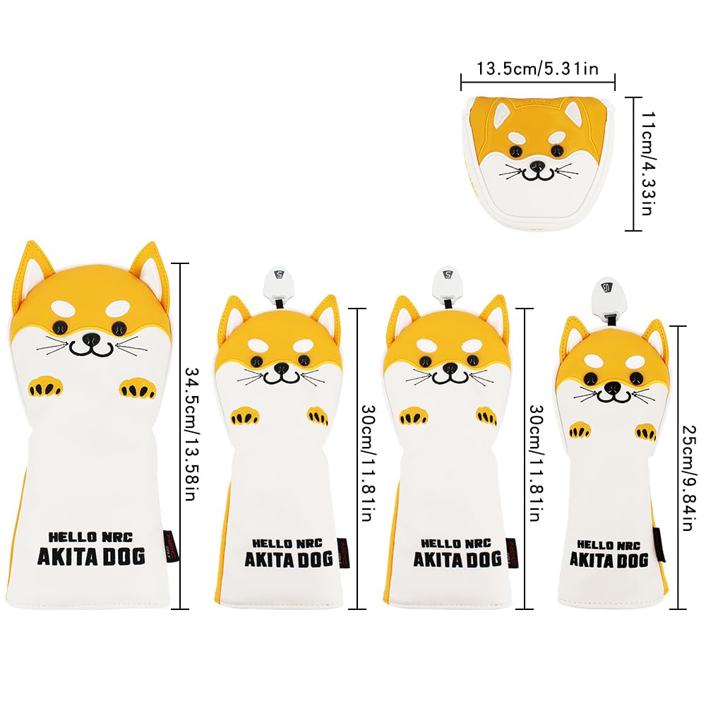 Golf SchläGerkopfhüLlen Golfschlägerkopfhaube for Driver Fairway Hybrid Cute Akita Golfputter-Abdeckung Aus PU-Leder, wasserdichte Schutzabdeckung(Yellow for Driver)