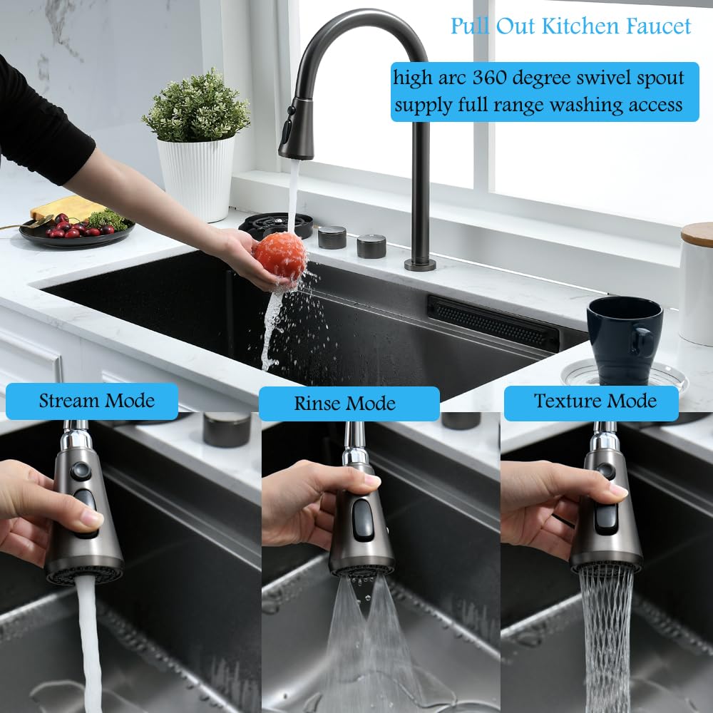 33 Inch Black Waterfall Kitchen Sink Undermount Workstation-Bokaiya 33x19 Undermount Black Stainless Steel Kitchen Sink with Waterfall 16 Guage Multifunction Single Bowl Sinks with Cutting Board