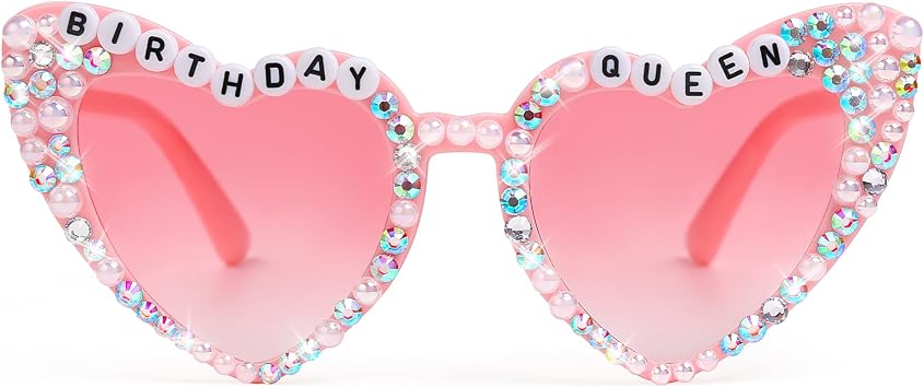 Etercycle Heart Sunglasses, Birthday Queen Glasses for Women, Pink Sunglasses Birthday Gifts Rhinestone Heart Shaped Sun Glasses for Birth Day Party Favors