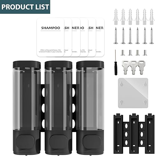 Miniatura 7 de Paquete de 3 dispensadores de champú y acondicionador, dispensador de jabón de ducha, 3 cámaras, sin taladro, para montaje en pared, juego de