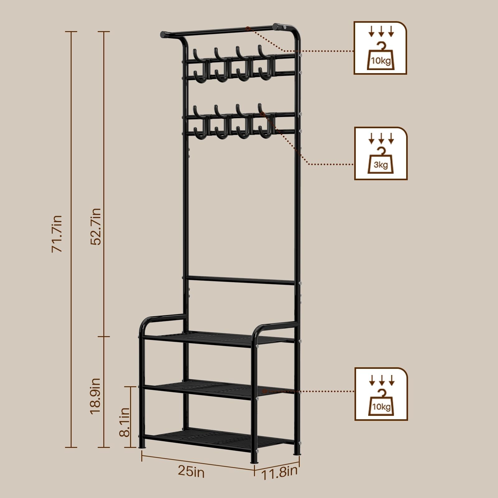 Innotic Appendiabiti con Scarpiera, Stabile Appendiabiti Ingresso 3 in 1, 16 Ganci Rimovibile, Mobile da Ingresso Moderno,Stand Appendiabiti da terra Salvaspazio, Attaccapanni per Camera letto, Nero