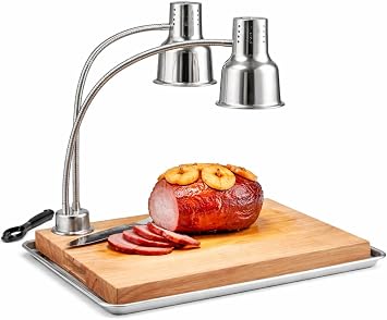 Professional Carving Station Kit with 24-Inch Dual Arm Heat Lamp, Black Stainless Steel, 500W Electric, Rubberwood Cutting Board, Drip Pan, NSF Listed, 120V