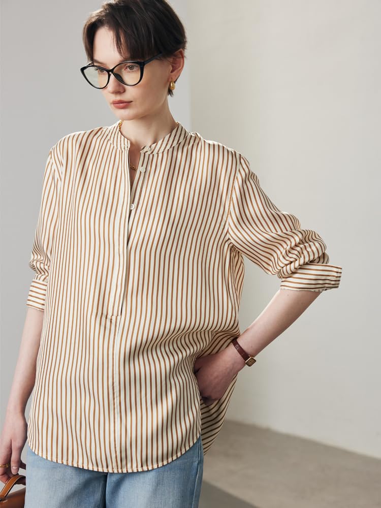 Donna Blusa da Ufficio in Seta con Collo Alto e Stampa