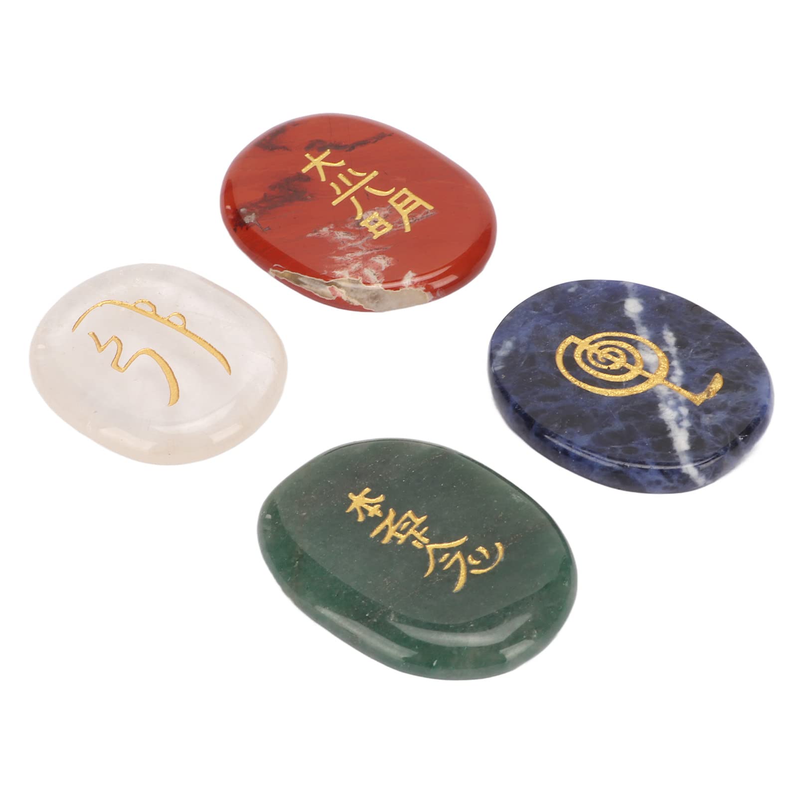 Reiki Balancing Stones, 4 Pcs Engraved Gold Symbol Crystal Healing Stones for Meditation Chakra Balancing, with Storage Bag, for Reiki Healing and Gift Giving