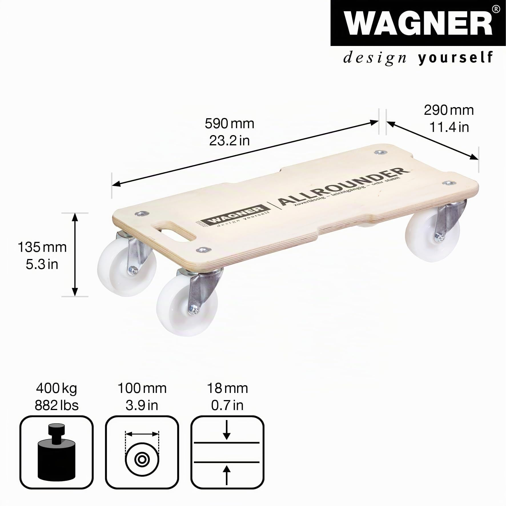 WAGNER Design Yourself, Chariot de Transport MM 1326 I 59 x 29 x 13,5 cm - Charge 400 kg - pour Objets encombrants, matériel et Meubles I 3 poignées encastrées I certifié FSC 20132601