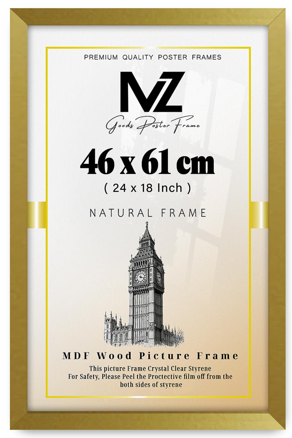MZ GOODS | MDF Poster Frame (46 x 61 CM) 46 x 61 cm for Family Portraits, Diplomas & Wall Art, Sturdy Build, Includes Hanging Hooks for Mounting [ Gold ]