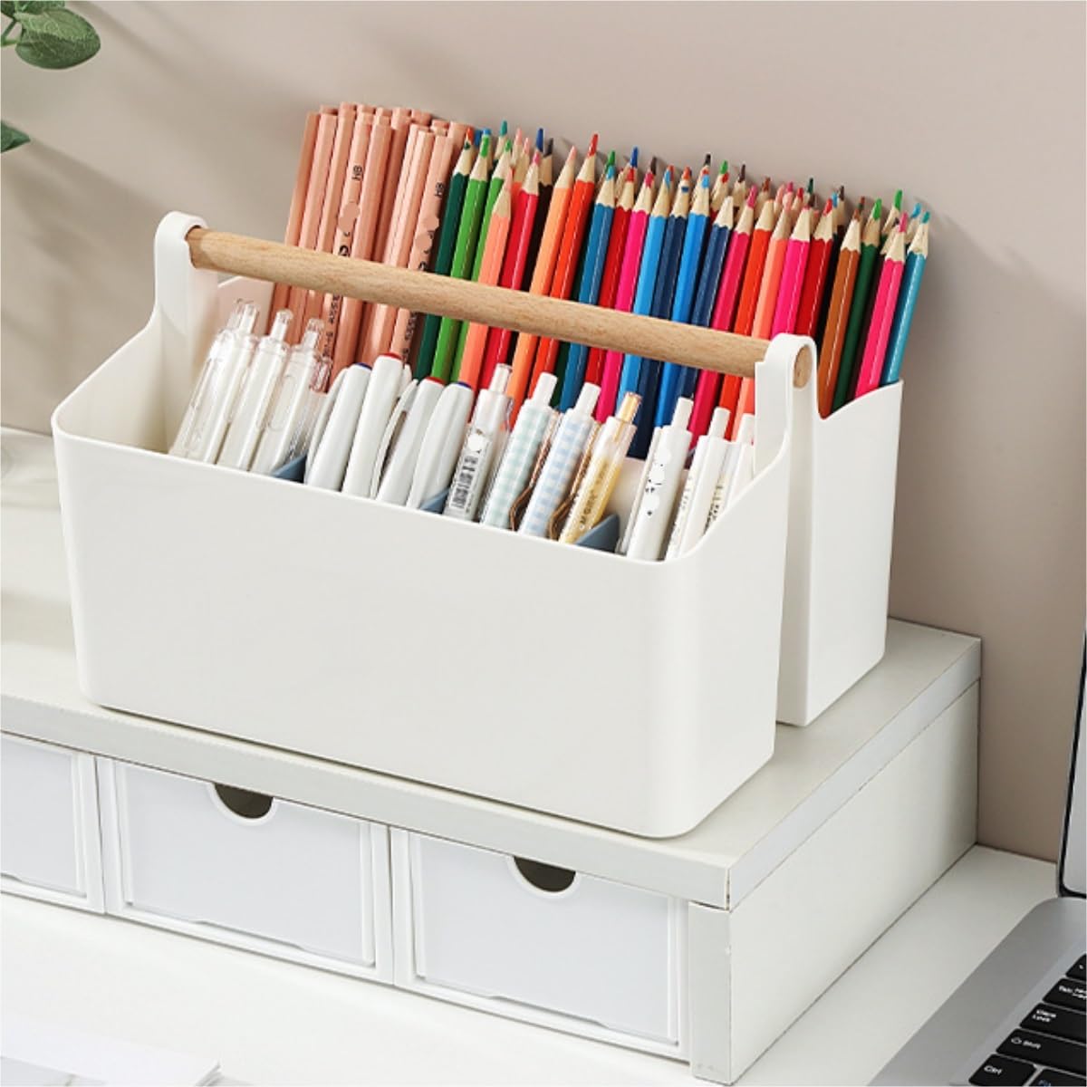 Stifteköcher Stifte Halter Kunststoff-Aufbewahrungskorb, Stifthalter-Caddy Mit Holzgriff For Büro Und Zuhause Schreibtisch-Organizer(Pink)