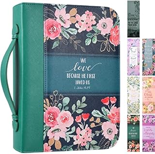 Faithful Hers Bible Cover Case for Women with 7 Beautiful Paper Bookmarks Floral PU Leather Bag Pockets and Zipper Standard Large Size Study 10.8''x7.8''x2'' (Dark Green)