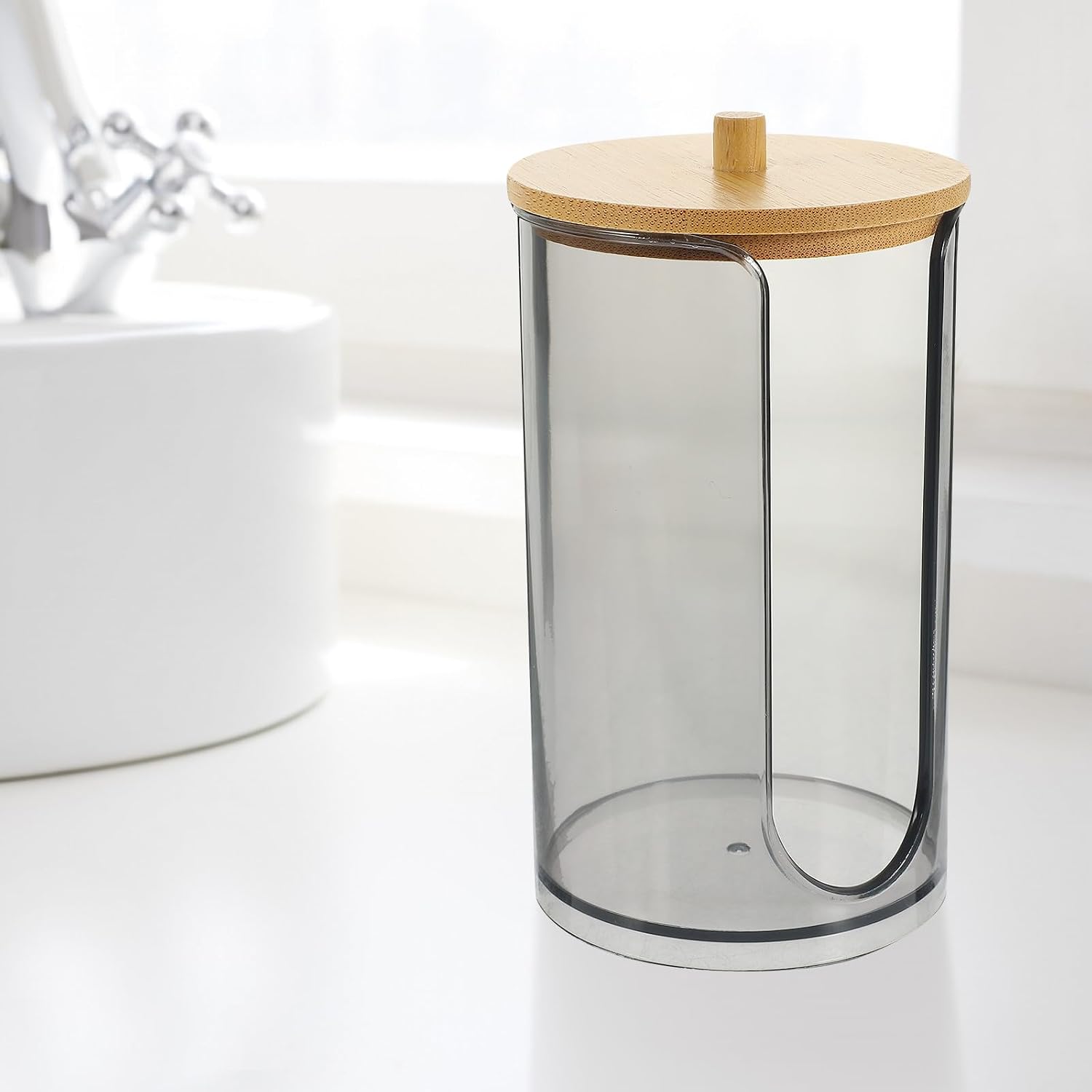 Bathroom Cup Dispenser Holder Round Plastic with Bamboo Lid