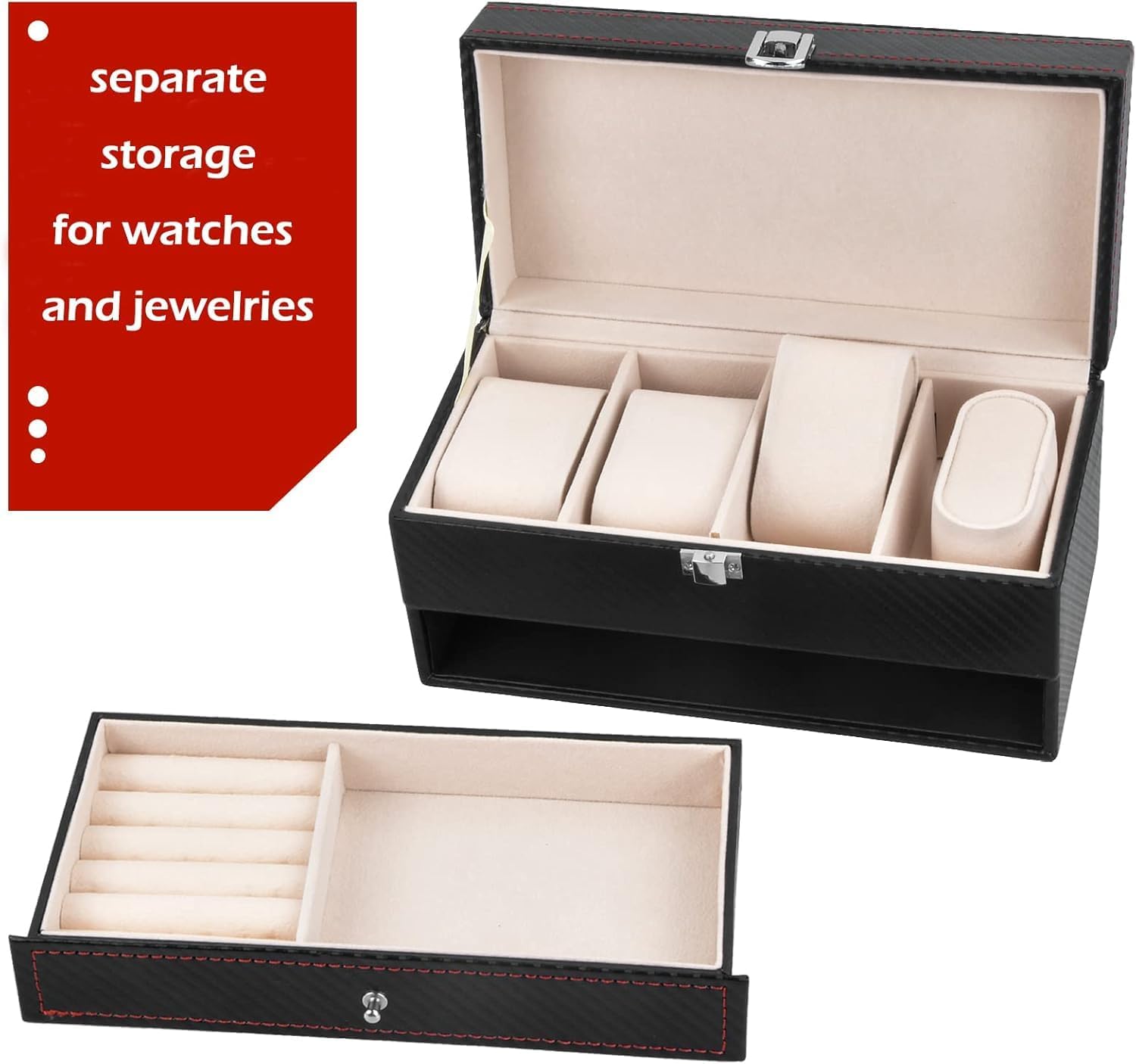 4 Slots Watch Box Carbon Fiber Watch Case with Jewelry Drawer for Storage Watch Display Case Holder Organizer (AW-02)