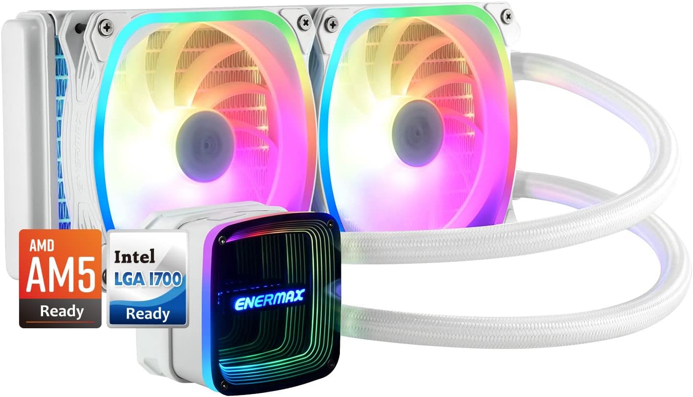 ENERMAXAquafusion ADV 240 White A-RGB AIO CPU Liquid Cooler -Infinity Mirror, 240mm Radiator, 120mm ARGB PWM Fan, AMD AM5/Intel LGA1700 Ready, 5 Year Warranty