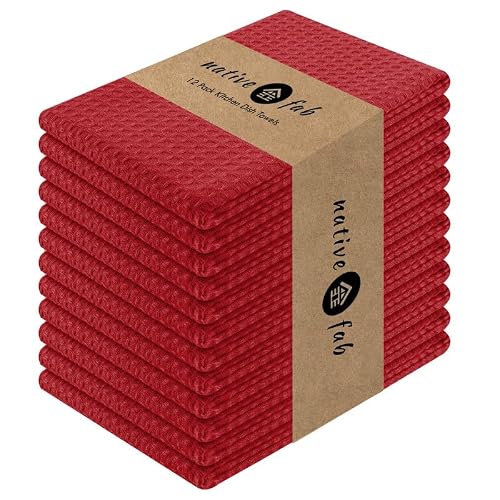 Native Fab Waffle Weave Dish Towels 12 Pack, 100% Cotton Kitchen Dishcloths with Hanging Loop, 16x26 Inches, Super Absorbent, Quick Dry for Kitchen Cleaning, Drying Dishes, Red