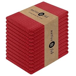 Native Fab Waffle Weave Dish Towels 12 Pack, 100% Cotton Kitchen Dishcloths with Hanging Loop, 16x26 Inches, Super Absorbent, Quick Dry for Kitchen Cleaning, Drying Dishes, Red