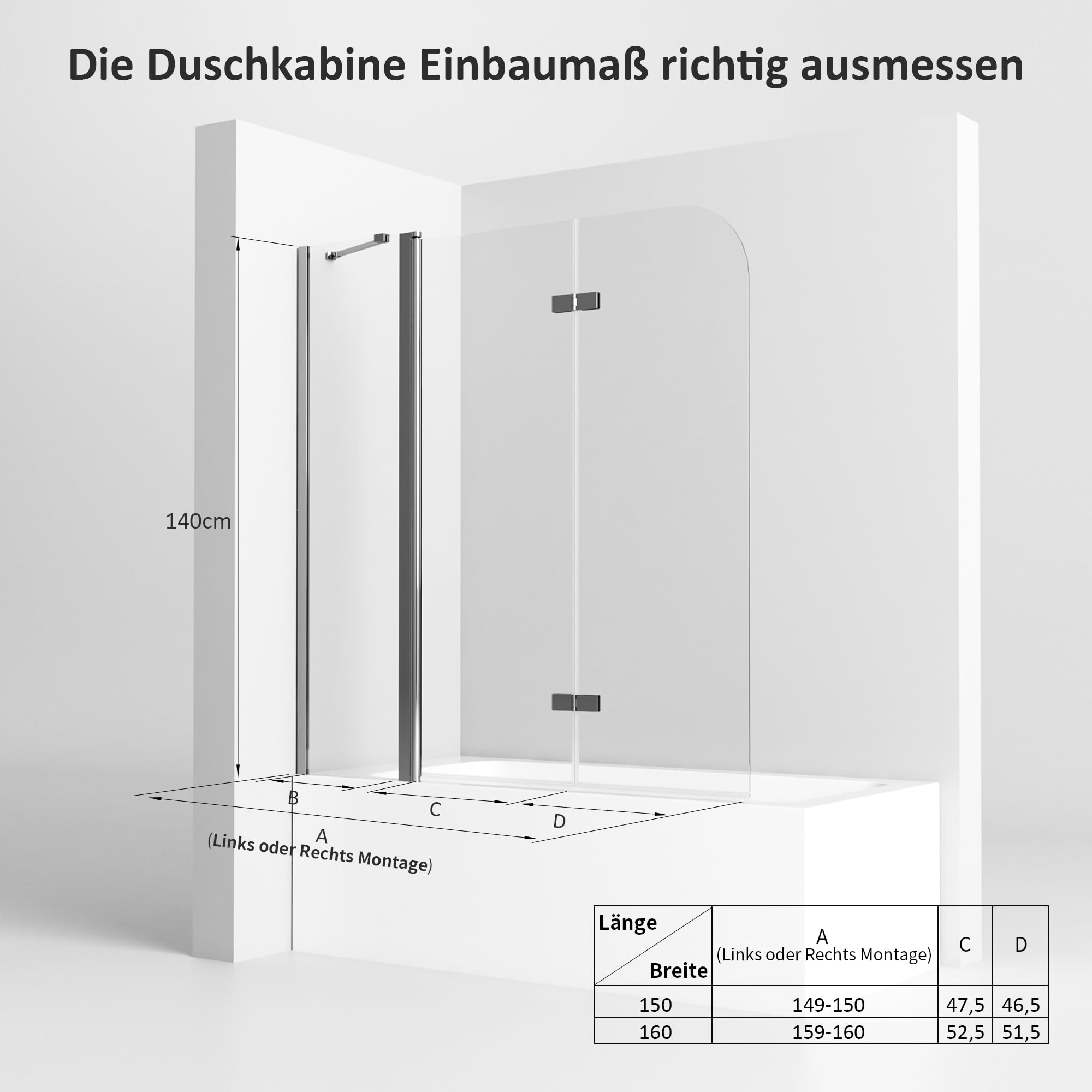 Duschwand für Badewanne 3 teilig faltbar 6mm NANO Sicherheitsglas (ESG) Faltwand Badewannenaufsatz Badewannenfaltwand Duschabtrennung für Badewanne (150x140cm)