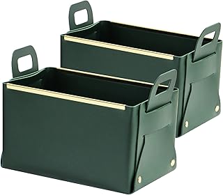 Olrla Panier de rangement pliable en cuir synthétique avec poignée, organiseurs de produits cosmétiques étanche pour bureau chambre à coucher salle de bain comptoir (Vert foncé)