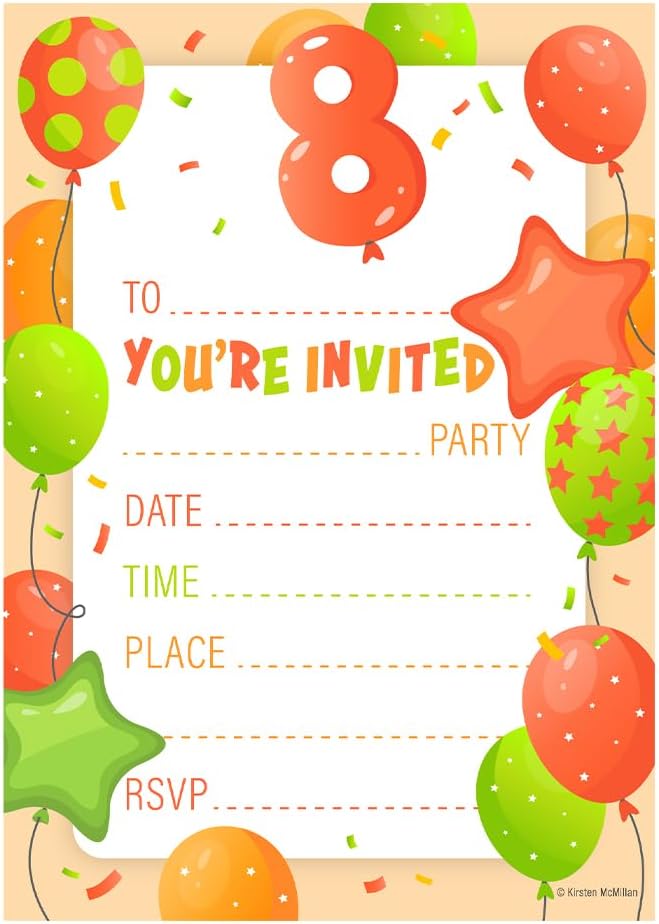 32 Kids Childrens Birthday Party Invitations Age 8 with Envelopes Invitation Orange Pack of 32 Balloon Invites - Designed and Printed in the UK