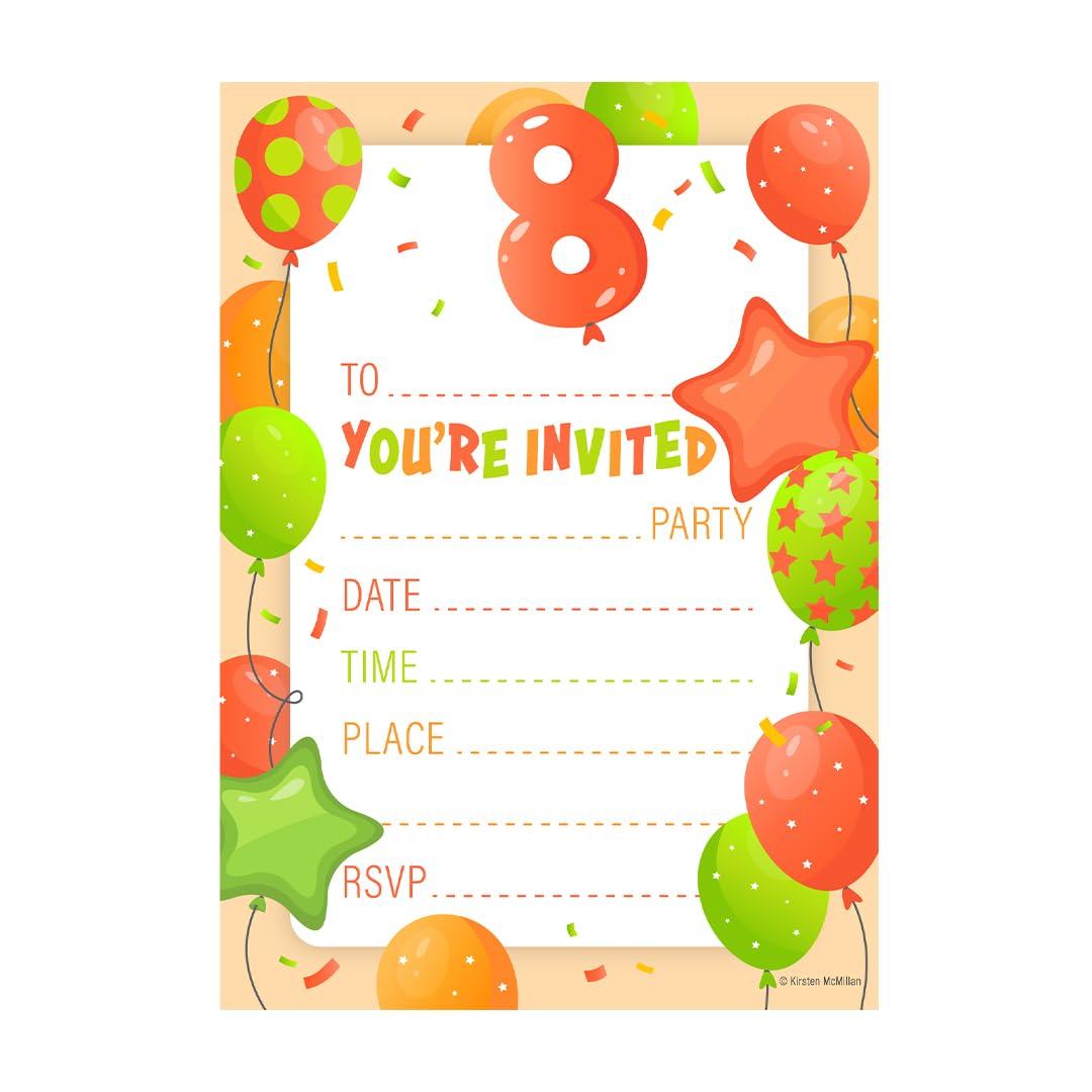32 Kids Childrens Birthday Party Invitations Age 8 with Envelopes Invitation Orange Pack of 32 Balloon Invites - Designed and Printed in the UK