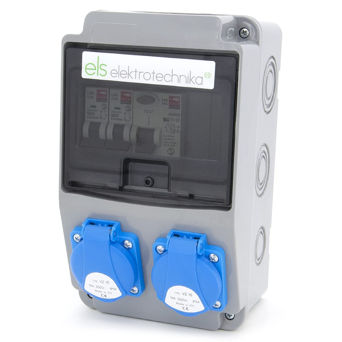 ELS Elektrotechnika Distribuidor de enchufes Schuko 2 x 230 V + fusibles, 2 x LS C16 + FI40, cable y listo para conectar, para interiores y exteriores, IP54