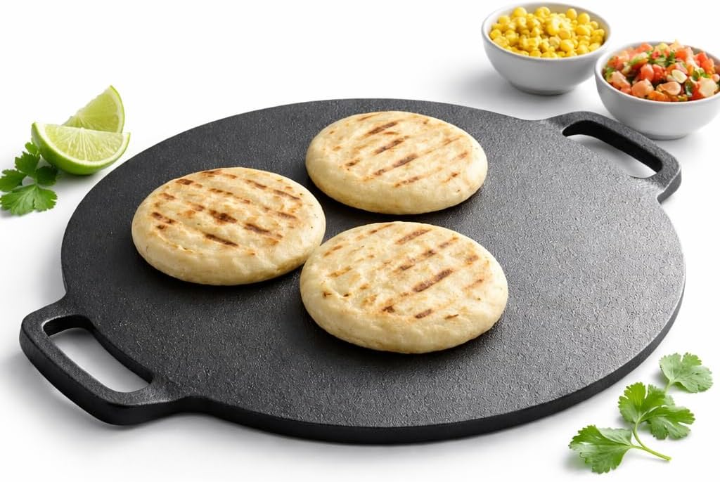 Budare para Arepas Venezolanas, 12 in Cast Iron Griddle | Round comal with double handles for arepas, tortillas, cachapas, roti and dosa on stovetops