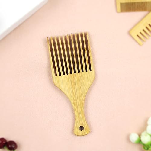 Miniatura 7 de Afro Pick - Peine de pelo antiestático de bambú natural para cabello largo, grueso, rizado, para desenredar los dientes largos, gruesos y rizados,