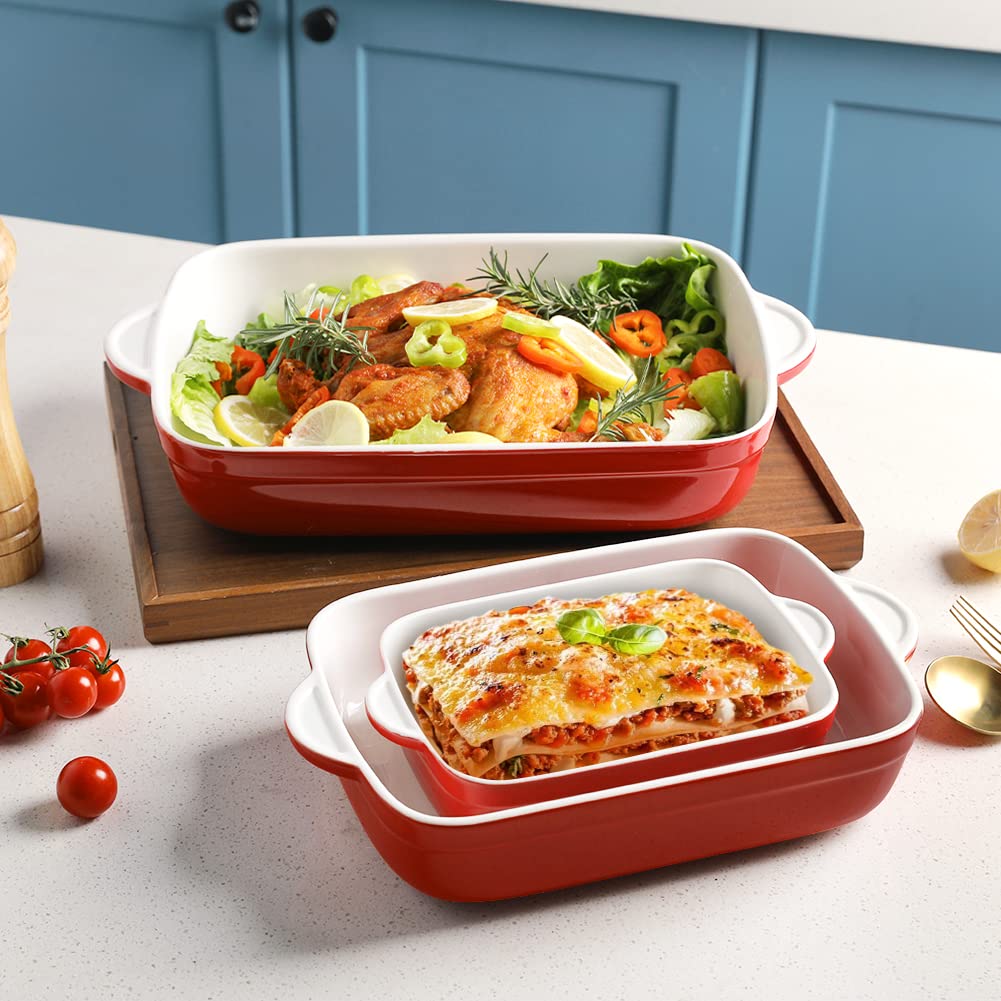 Sweejar Plato de cerámica para hornear, sartén antiadherente con asas, bandeja rectangular para lasaña para cocinar, cocina, cena, banquete y uso diario, 13 x 9 pulgadas, juego de 3 (rojo)