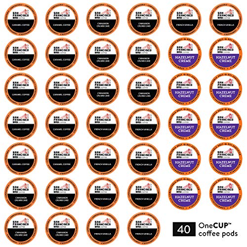 San Francisco Bay Compostable Coffee Pods - Variety Pack Flavored (40 Ct) K Cup Compatible Including Keurig 2.0, Hazelnut, Cinnamon, Caramel, Vanilla Flavored Coffee #TOP3