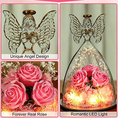 Mothers Day Flower Gifts for Her, Glass Angel Figurine with Three Roses Gifts, Preserved Forever Real Rose Gifts for… - Image 6