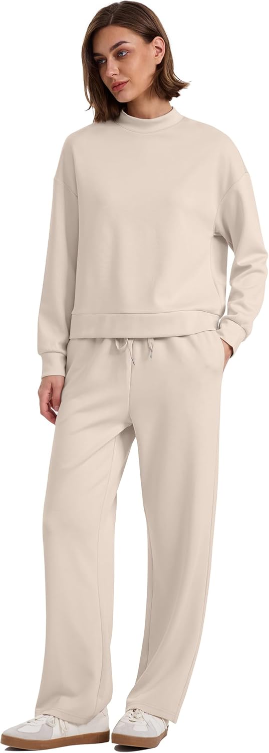 WIHOLL Two Piece Sets for Women Fall Outfits Lounge Sets Mock Neck Tops Wide Leg Pants Vacation Travel Airport Outfits - Image 4