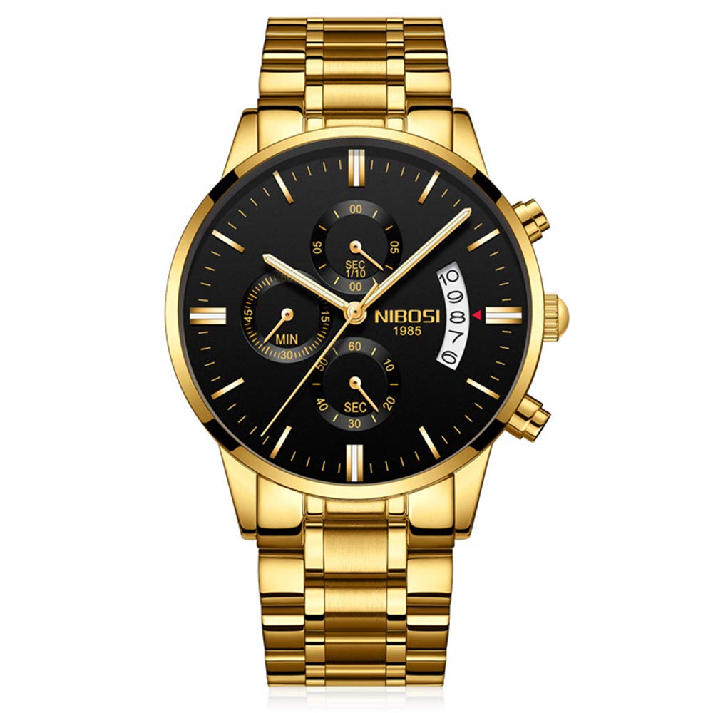 Clastyle Relojes Hombre Cronógrafo Oro Reloj de Pulsera Calendario Números Romanos con Correa de Acero Inoxidable