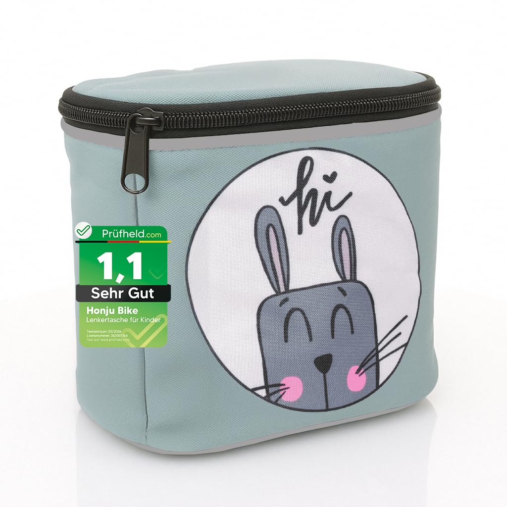 honju Bike Lenker-Tasche Kinder-Fahrrad (Abnehmbarer Deckel, Fahrrad-Tasche für den Lenker mit Reflektoren, Sicherer Halt Dank Klettverschluss, Inkl. Innentasche) Hansi Hase