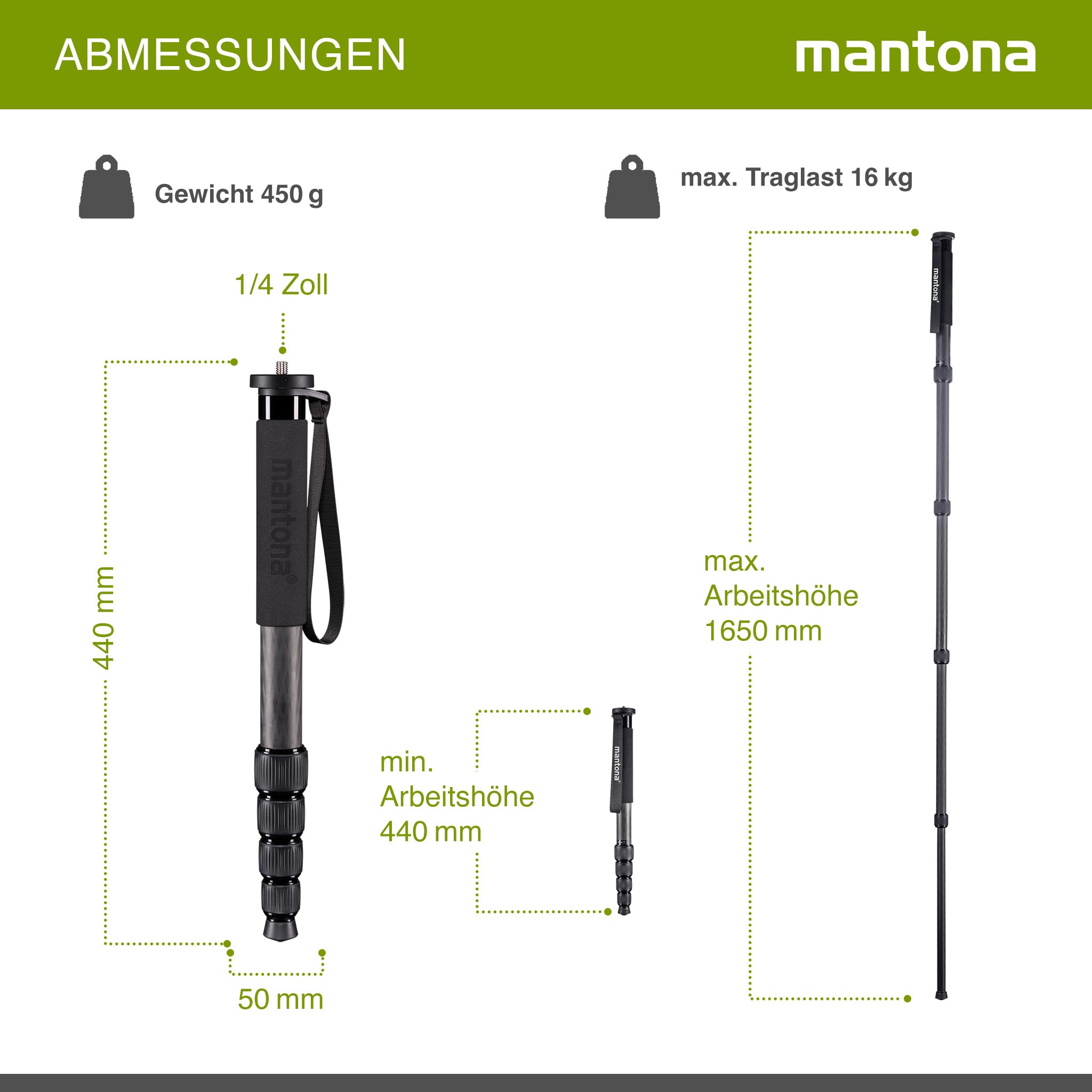 mantona Pro One Einbeinstativ aus ultraleichtem Carbon schwarz, Stativ höhenverstellbar von 44 cm bis 165 cm, praktische Schaumstoffummantelung & Handschlaufe, kompakt & belastbar mit Zubehör