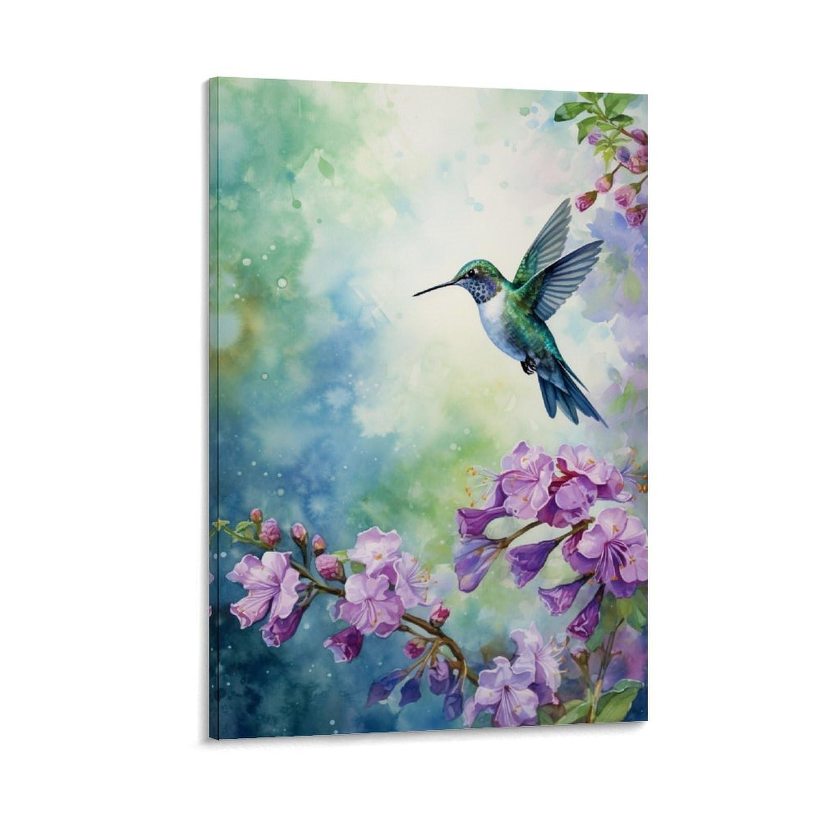 Gmukiffy Flowers Hummingbird Painting On Canvas Wall Art Nature Flying Birds Watercolor Stretched And Framed Canvas Prints Artwork For Home Decorations Ready To Hang Wall Decor 12X18inch(30X45cm)