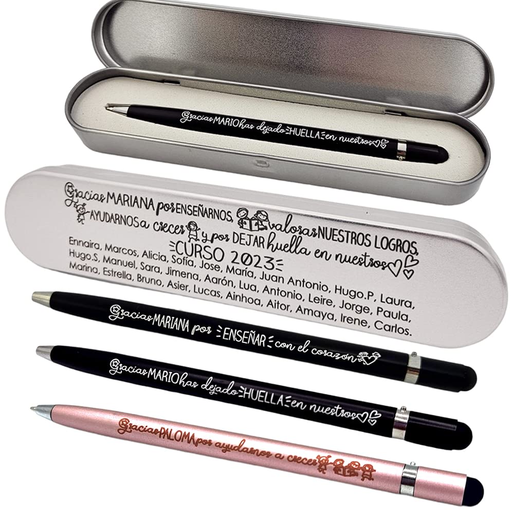Bolígrafo personalizado para profesores. Incluye estuche con dedicatoria que contiene los nombres de los niños, curso. Regalos para profesores. MOD02 (Bolígrafo Negro)